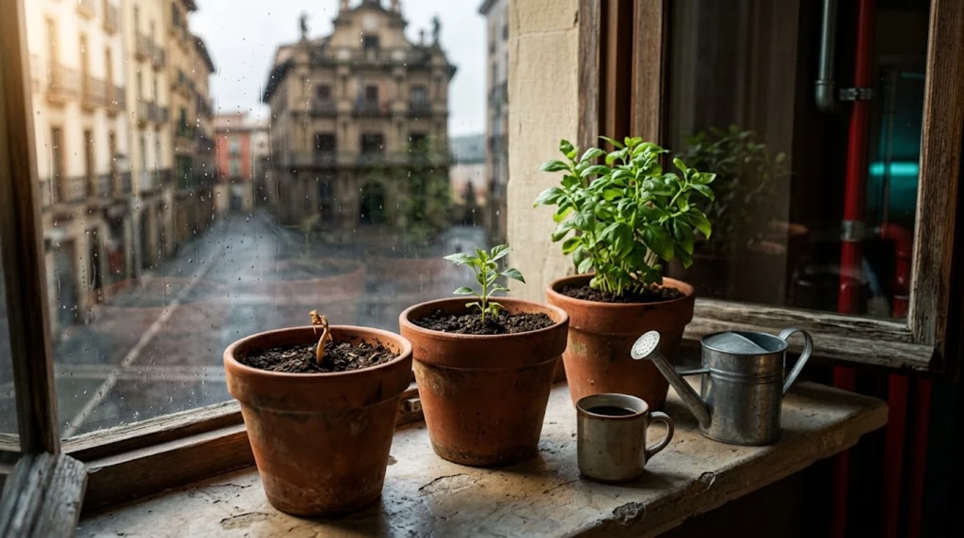 Tres macetas en el alféizar de una oficina con plantas en tres fases de crecimiento, de brote a planta frondosa