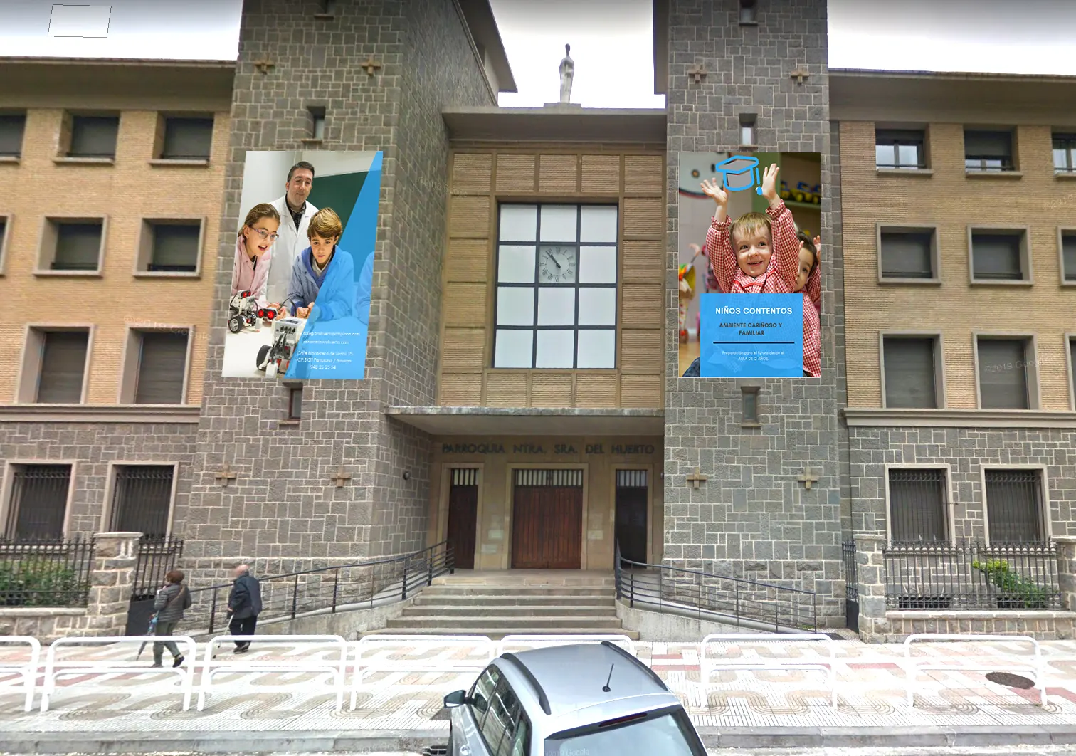 Simulación de las lonas en la fachada del colegio
