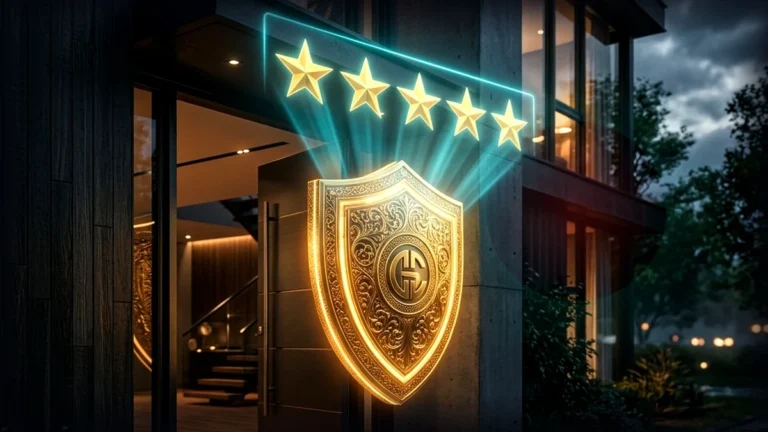 Escudo dorado con cinco estrellas sobre la entrada de un edificio de noche