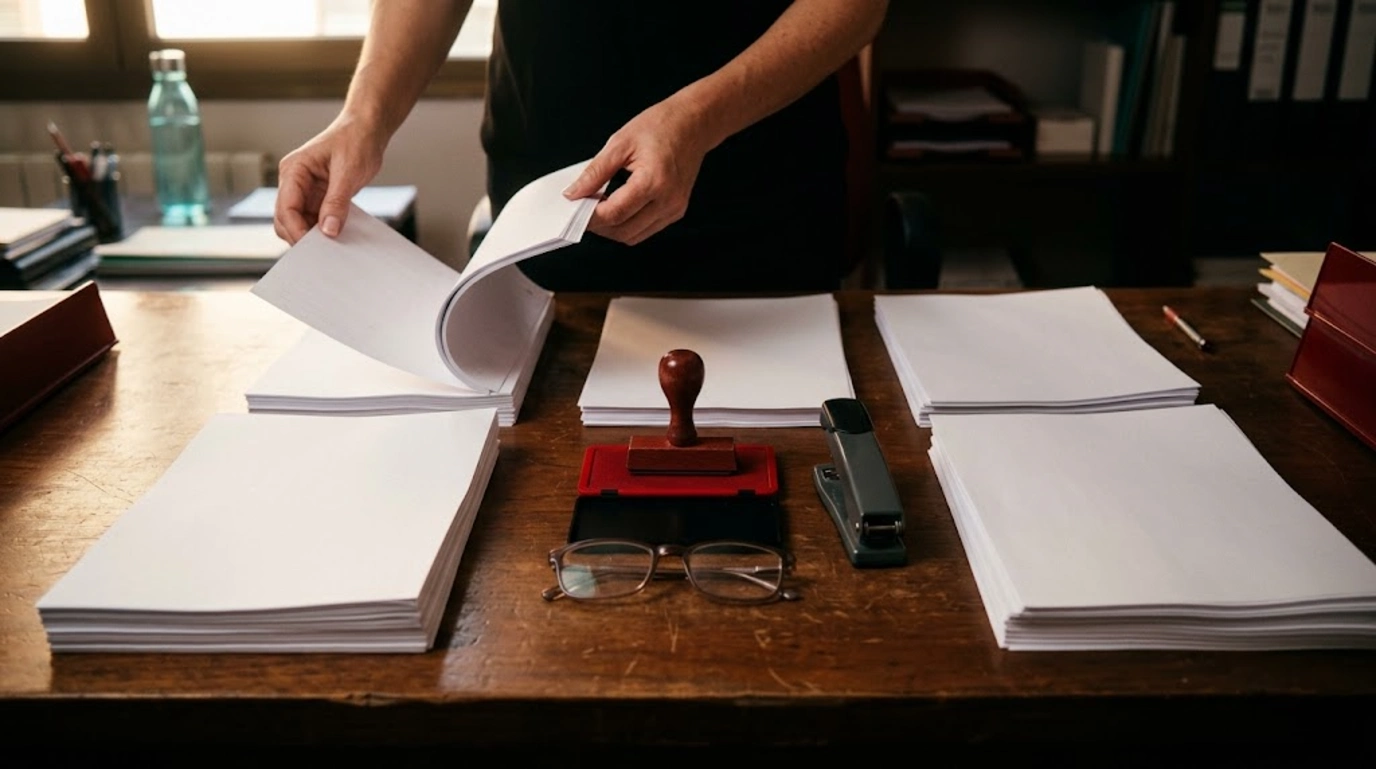 Kit Digital y SEO: gestora repasa montones de formularios en blanco junto a un sello de caucho y un tampón rojo, vistos desde arriba