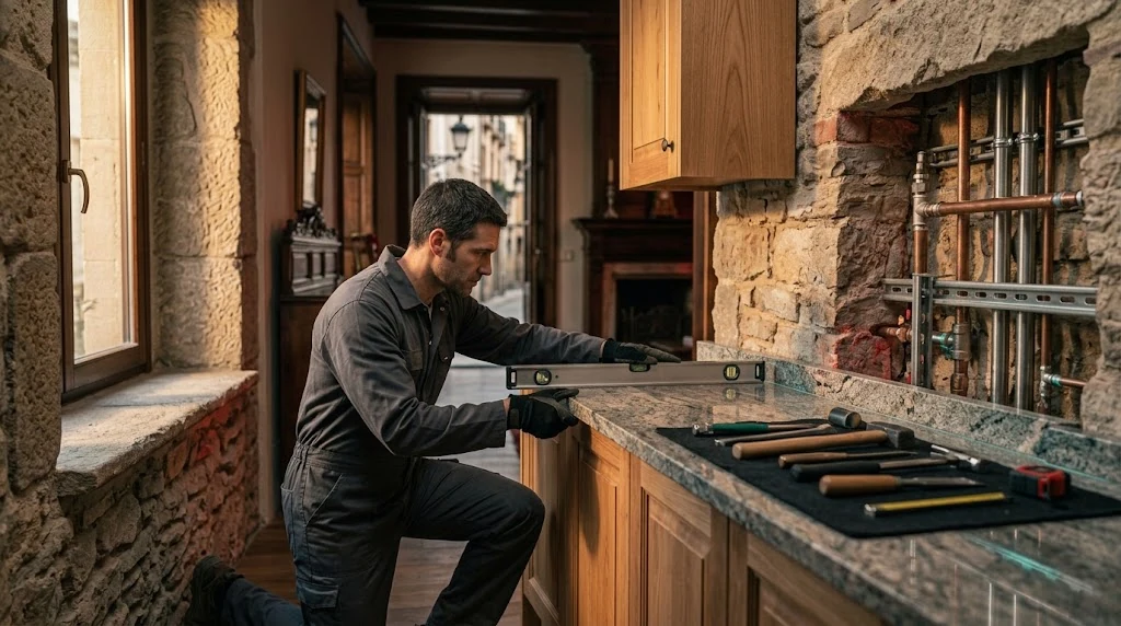 Técnico ajusta con nivel la encimera de una cocina hecha a medida en una casa de piedra