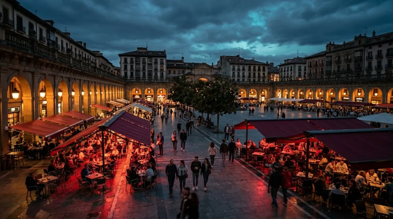 Terrazas y comercios de la Plaza del Castillo de Pamplona al anochecer