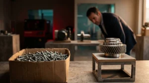 Tornillos a granel en una caja junto a un engranaje de precisión expuesto en una sala de muestras