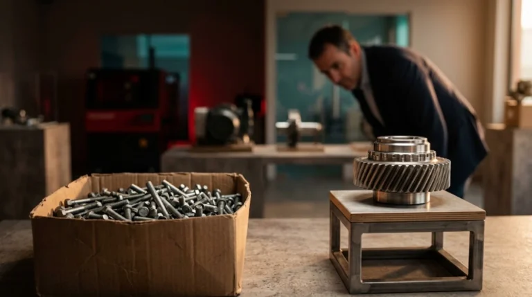 Tornillos a granel en una caja junto a un engranaje de precisión expuesto en una sala de muestras