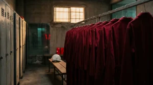 Fila de uniformes de trabajo rojos idénticos colgados en el vestuario de una fábrica