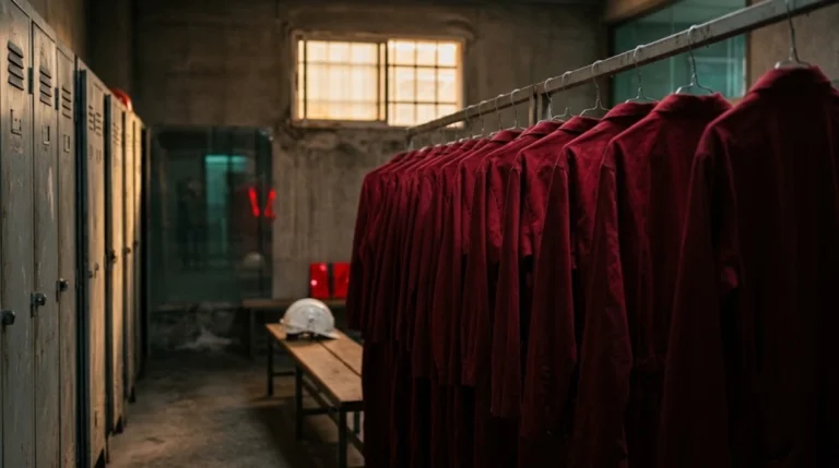 Fila de uniformes de trabajo rojos idénticos colgados en el vestuario de una fábrica