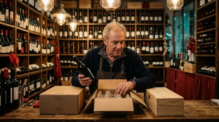 Dueño de una vinoteca de Olite compara tres embalajes de envío para botellas sobre el mostrador