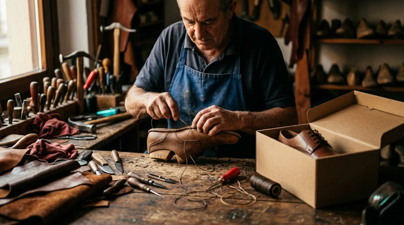 Zapatero artesano trabaja un zapato sobre una horma a medida junto a un zapato de serie